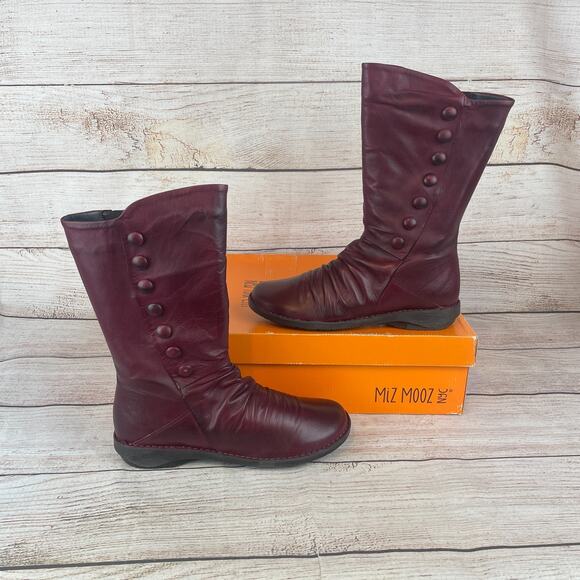 Miz Mooz Petrillo Bordeaux Womens Sz 39 (8.5-9) Mid Calf Boots Dark Red Leather - Picture 1 of 11